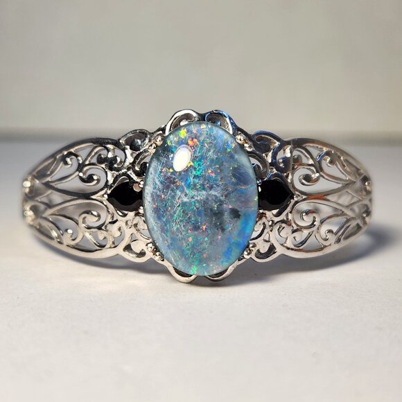 VTG Natural Opal & Onyx Platinum Clad Open Cuff Filigree Ornate Bracelet - Picture 2 of 15